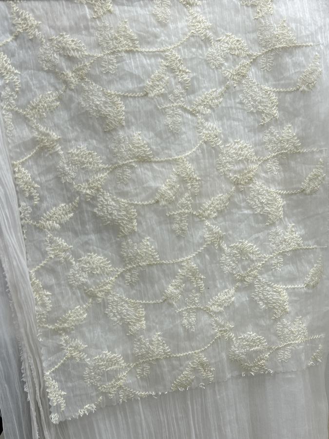 Lightweight Pearl-Sheen Nylon Crepe with Floral-Vine Embroidery fabric sample