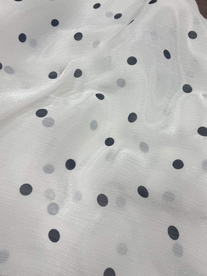 Lustrous Yoryu Crepe with Black Polka-Dot Print fabric sample